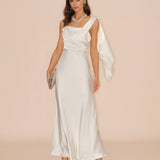 Off White Satin Maxi Dress with Square Neckline
