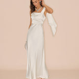 Off White Satin Maxi Dress with Square Neckline