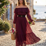 Maxi Suknelė su Raudonomis Laivagalio Ruffles