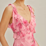 Rožinė Gėlių Ruffles Chiffon Ilga Suknelė