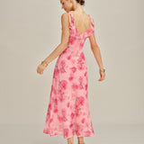 Rožinė Gėlių Ruffles Chiffon Ilga Suknelė