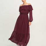 Maxi Suknelė su Raudonomis Laivagalio Ruffles