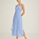 Blue Halter Neck Jacquard Maxi Dress