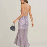Violetinė Blizgučių Žakardo Maxi Suknelė su Slip Detaile
