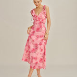 Rožinė Gėlių Ruffles Chiffon Ilga Suknelė
