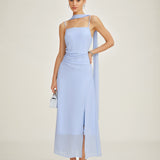 Blue Cowl Neck Chiffon Maxi Dress