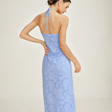 Blue Halter Neck Jacquard Maxi Dress