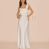Off White Satin Maxi Dress with Square Neckline