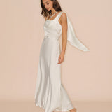Off White Satin Maxi Dress with Square Neckline