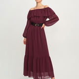 Maxi Suknelė su Raudonomis Laivagalio Ruffles