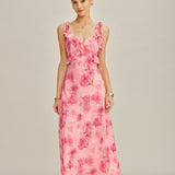 Rožinė Gėlių Ruffles Chiffon Ilga Suknelė
