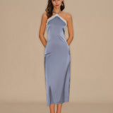Blue Halter Lace Midi Dress