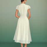 Abrikosų Mock Neck A-Line Midi Dress