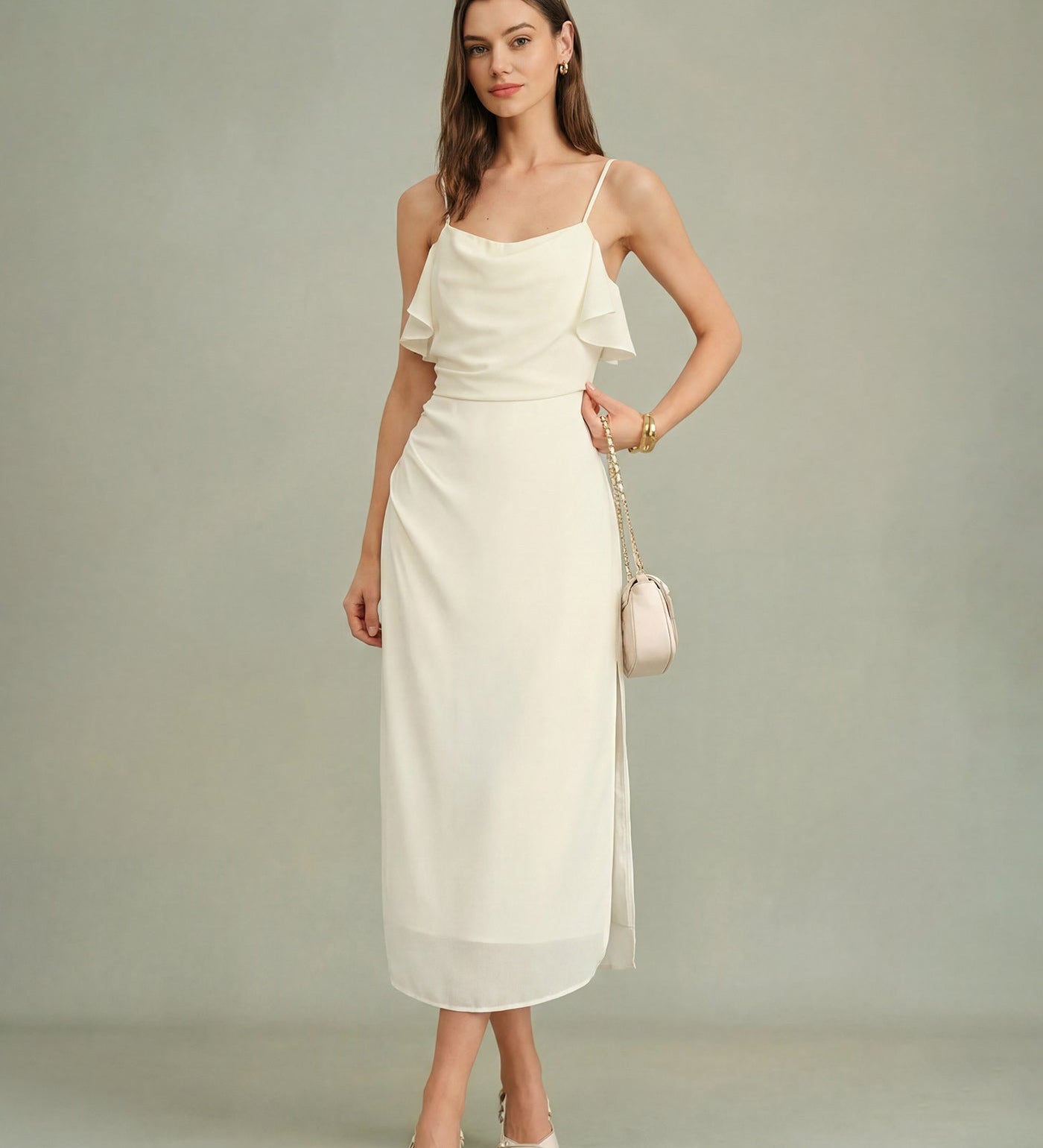 Apricot Ruffled Chiffon Midi Dress