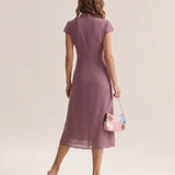 Violetinė Chiffon midi suknelė su mandarin apykakle