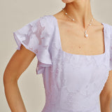Violetinė Jacquard Midi Suknelė su Kvadratiniu Kaklu