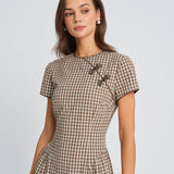 Rudas Plaid Midi Suknelė su Apvaliu Kaklu