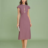 Violetinė Chiffon midi suknelė su mandarin apykakle