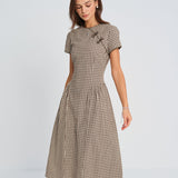Rudas Plaid Midi Suknelė su Apvaliu Kaklu