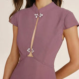 Violetinė Chiffon midi suknelė su mandarin apykakle