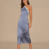 Blue Halter Lace Midi Dress