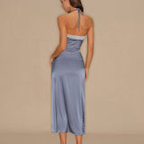 Blue Halter Lace Midi Dress