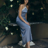 Blue Halter Lace Midi Dress