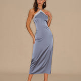 Blue Halter Lace Midi Dress