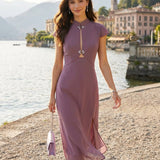 Violetinė Chiffon midi suknelė su mandarin apykakle