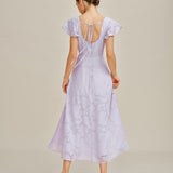 Violetinė Jacquard Midi Suknelė su Kvadratiniu Kaklu