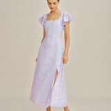Violetinė Jacquard Midi Suknelė su Kvadratiniu Kaklu