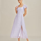 Violetinė Jacquard Midi Suknelė su Kvadratiniu Kaklu