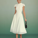 Abrikosų Mock Neck A-Line Midi Dress