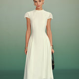 Abrikosų Mock Neck A-Line Midi Dress