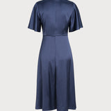"Jūrinė V formos satino midi suknelė" can be rewritten as "Jūrinė V-neck satino midi suknelė".