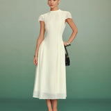 Abrikosų Mock Neck A-Line Midi Dress