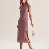Violetinė Chiffon midi suknelė su mandarin apykakle