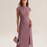 Violetinė Chiffon midi suknelė su mandarin apykakle