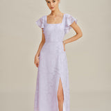 Violetinė Jacquard Midi Suknelė su Kvadratiniu Kaklu