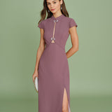 Violetinė Chiffon midi suknelė su mandarin apykakle