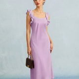 Violetinė Ruffles Midi Suknelė su Slip Detaile
