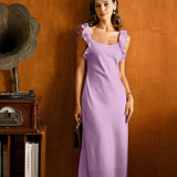 Violetinė Ruffles Midi Suknelė su Slip Detaile