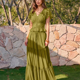 Žalias Elastingas Chiffon Maxi Sijonas su Juosmeniu