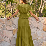 Žalias Elastingas Chiffon Maxi Sijonas su Juosmeniu