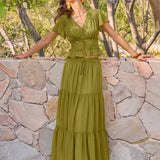 Žalias Elastingas Chiffon Maxi Sijonas su Juosmeniu