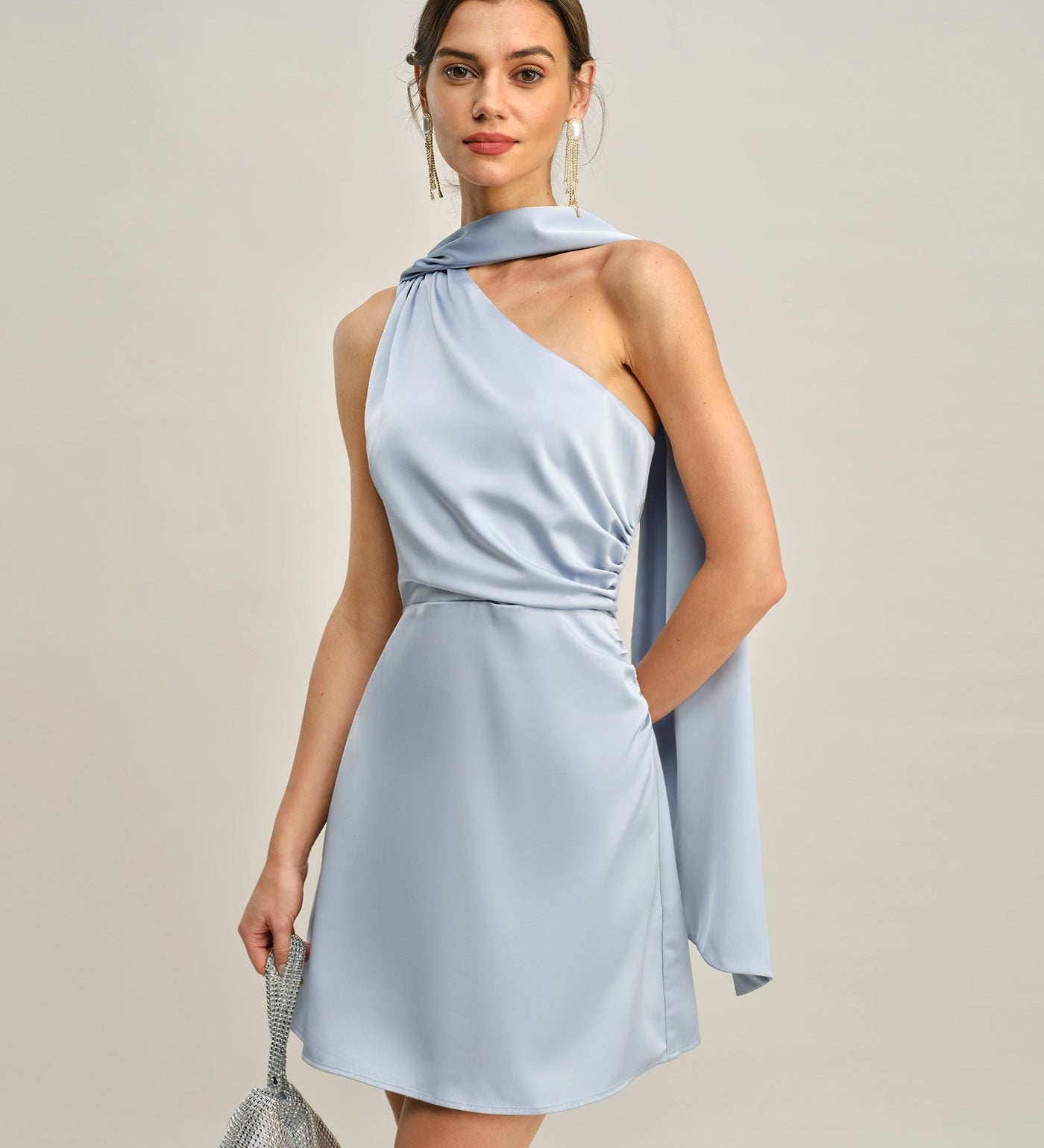Blue One-Shoulder Satin Mini Dress