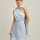 Blue One-Shoulder Satin Mini Dress