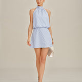 Blue Mock Neck Tie-Dye Mini Dress