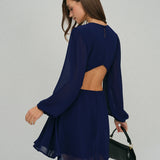 Blue Chiffon A-Line Mini Dress with Open Back