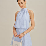 Blue Mock Neck Tie-Dye Mini Dress
